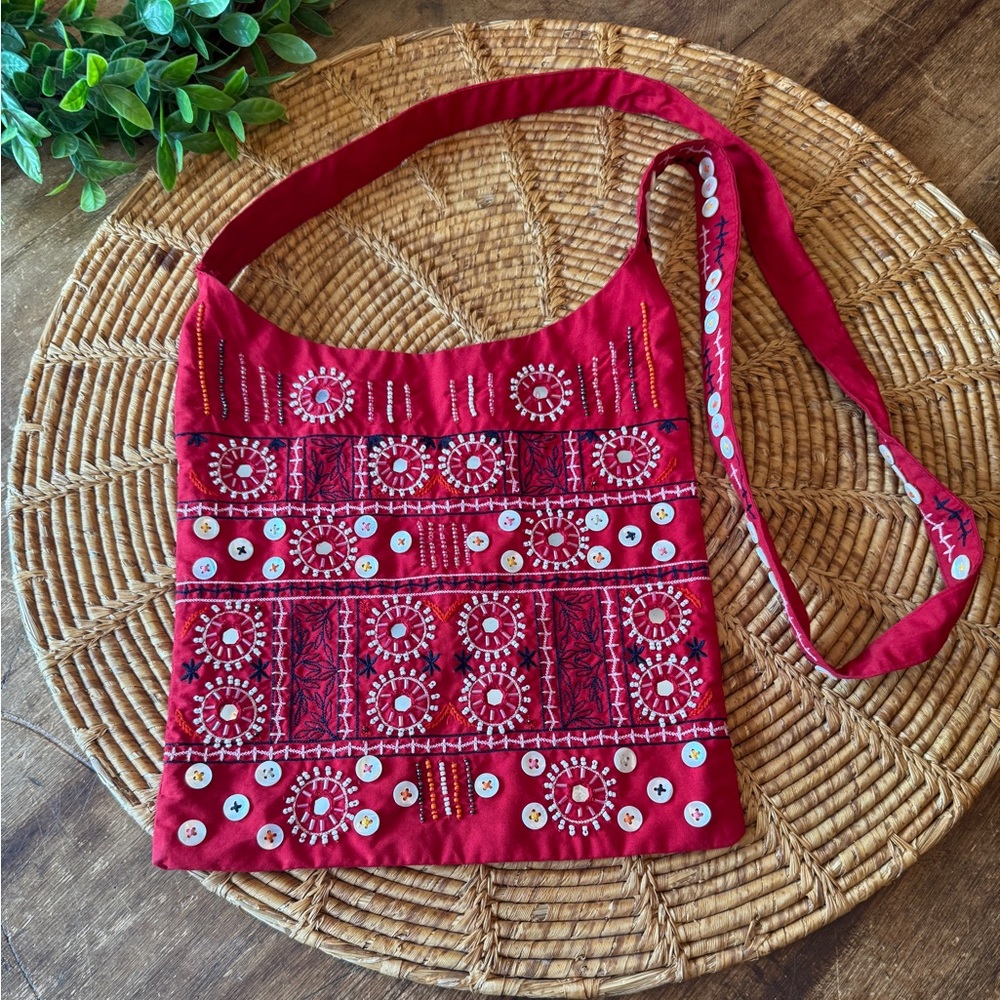 Gap Embroidered Red Boho Crossbody Shoulder Bag